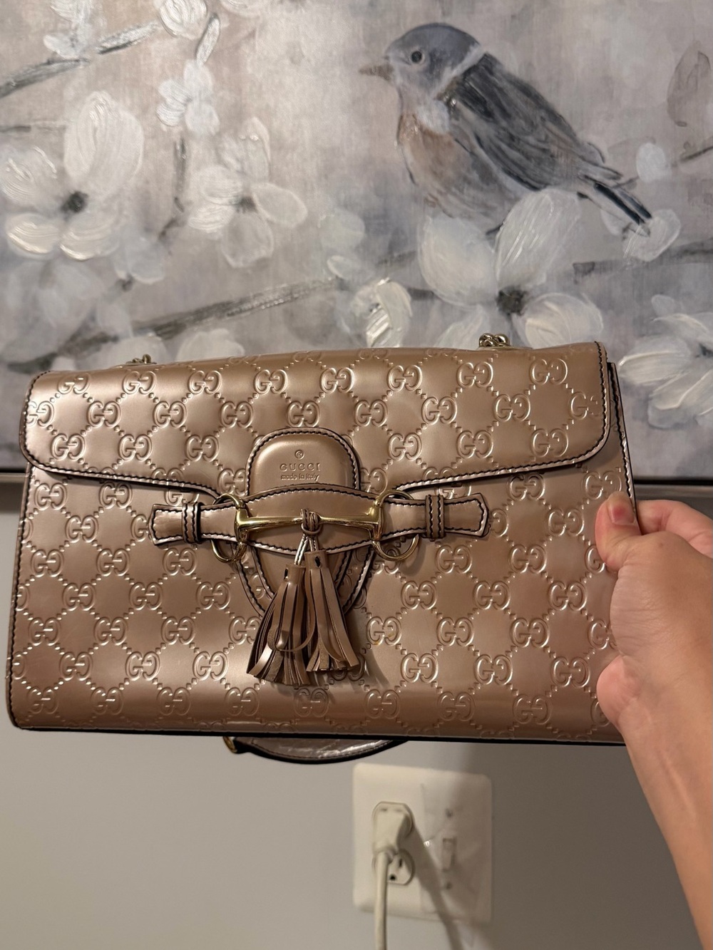 Gucci Metallic Taupe/Champagne Embossed GG Leather Shoulder Bag with Tassel